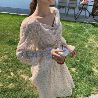 Floral Print Square Neck Drawstring Chiffon Dress