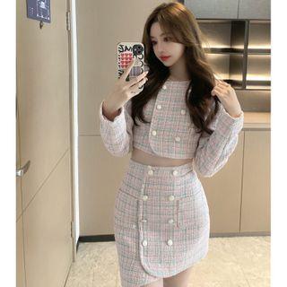 Plaid Double-breasted Cropped Jacket / Mini Pencil Skirt
