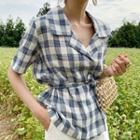 Short-sleeve Gingham Shirt With Sash As Shown In Figure - One Size