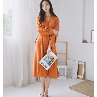 Plain Tie-waist V-neck Long Sleeve Shirtdress