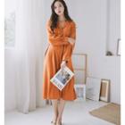 Plain Tie-waist V-neck Long Sleeve Shirtdress