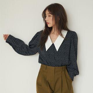 Puff-sleeve Dotted Blouse Navy Blue - One Size