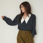 Puff-sleeve Dotted Blouse Navy Blue - One Size