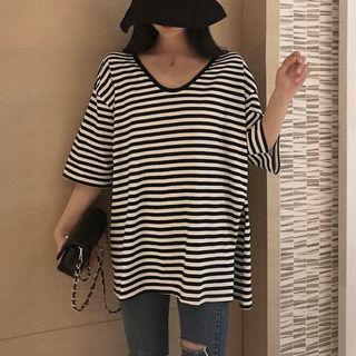 Striped Elbow-sleeve Slit T-shirt Stripes - Black & White - One Size