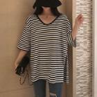 Striped Elbow-sleeve Slit T-shirt Stripes - Black & White - One Size