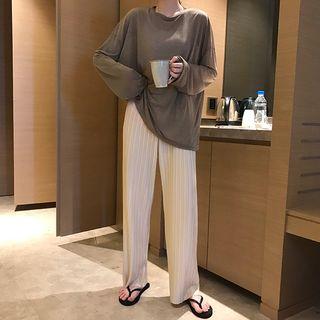 Long-sleeve Plain T-shirt / Wide Leg Pants