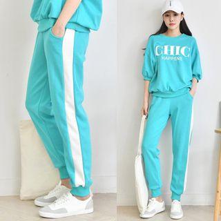 Set: Elbow-sleeve Letter Print Pullover + Pipe-trim Sweat Pants