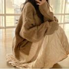 V-neck Cable Knit Long-sleeve Sweater / High-waist Ruched Semi Skirt