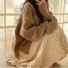 V-neck Cable Knit Long-sleeve Sweater / High-waist Ruched Semi Skirt
