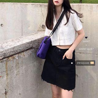 Short-sleeve Cropped Shirt / Frayed Hem A-line Mini Denim Skirt