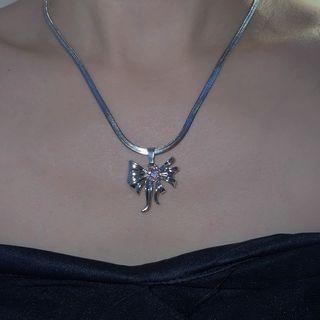 Bow Snake Chain Necklace 1pc - Silver & Pink - One Size