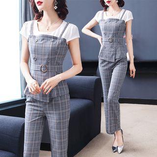 Set: Short-sleeve Plaid Top + Plaid Dress Pants