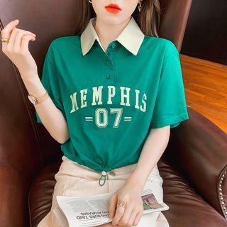 Short-sleeve Lettering Drawstring Polo Shirt