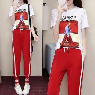 Set: Printed Short Sleeve T-shirt + Drawstring Contrast Trim Jogger Pants