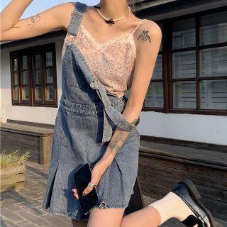 Denim Jumper Dress / Floral Print Camisole Top