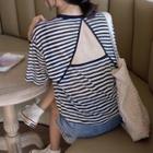 Short-sleeve Open-back Striped T-shirt Stripes - Black & White - One Size