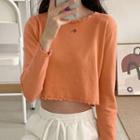 Long-sleeve Embroidered Frill Trim Cropped Knit Top