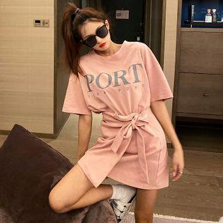 Set: Printed Loose T-shirt + Tie-waist Mini Skirt
