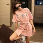 Set: Printed Loose T-shirt + Tie-waist Mini Skirt