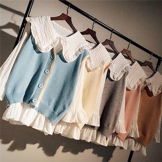 Set: Bell-sleeve Chiffon Blouse + Button Knit Vest