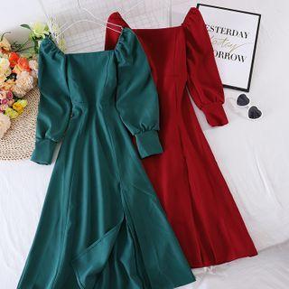 Square-neck Puff-sleeve Split Dress