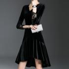 Lace Trim 3/4 Sleeve V-neck Velvet Dress