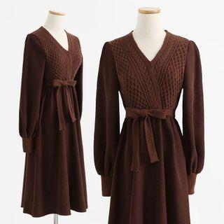 V-neck Cable Knit Midi A-line Sweater Dress