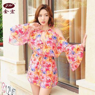Set: Floral Bikini + Long-sleeve Cover-up Dress