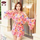 Set: Floral Bikini + Long-sleeve Cover-up Dress