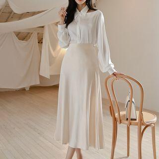 Long-sleeve Cutout Shirt / Midi A-line Satin Skirt