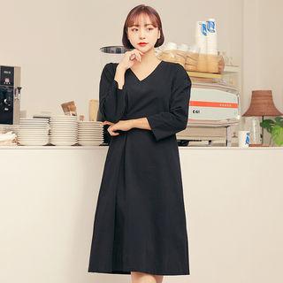 V-neck Pintuck-trim Midi Dress