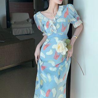 Short-sleeve V-neck Lace Trim Printed Dress