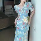 Short-sleeve V-neck Lace Trim Printed Dress