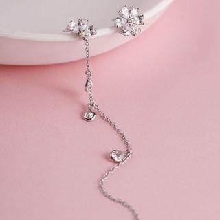 Non-matching Rhinestone Flower Dangle Earring 1 Pair - 925 Silver - Silver - One Size