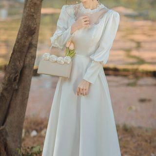 Long-sleeve Plain A-line Dress / Veil