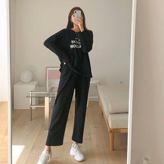 Set: Drop-shoulder Letter Print T-shirt + Band-waist Pants
