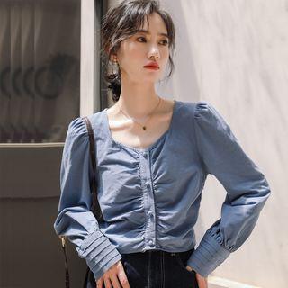 Long-sleeve Buttoned Ruched Top