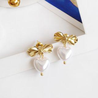 Alloy Bow Faux Pearl Heart Dangle Earring