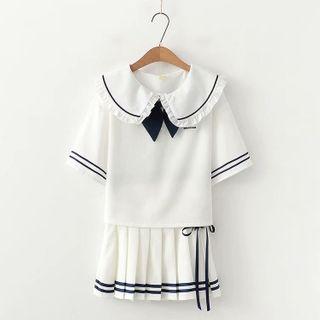 Set: Sailor Collar Short-sleeve Top + Pleated Skirt