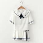 Set: Sailor Collar Short-sleeve Top + Pleated Skirt