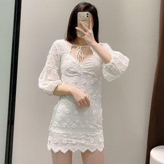 3/4-sleeve Floral Applique Mini Bodycon Dress