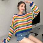 Long-sleeve Rainbow Perforated Knit Top Stripe - Rainbow - One Size