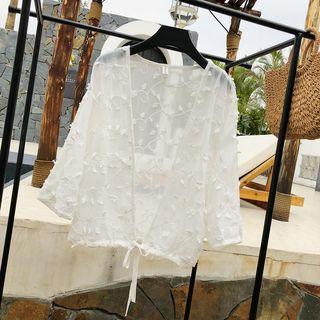 Flower Detail 3/4-sleeve Open Front Chiffon Jacket White - One Size