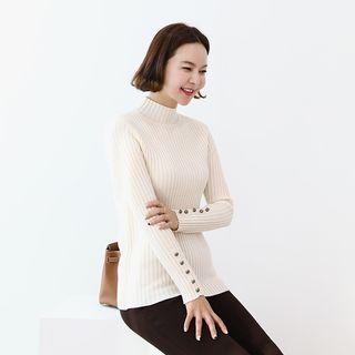 Mockneck Button-cuff Rib-knit Top