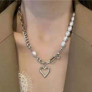 Faux Pearl Heart Pendant Choker Necklace Earring - One Size