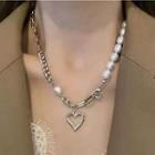 Faux Pearl Heart Pendant Choker Necklace Earring - One Size