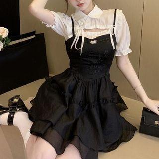 Short-sleeve Drawstring Cutout Blouse / Spaghetti-strap Mini A-line Dress