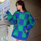Checkerboard Loose-fit Sweater Checkerboard - Blue & Green - One Size