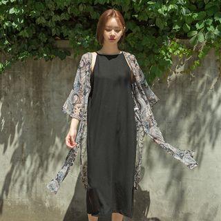 Deep-slit Paisley Long Robe Cardigan Black - One Size