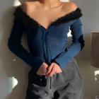 Fluffy Off-shoulder Long-sleeve Cropped Cardigan